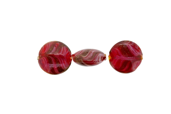 GLASS BEADS - MURANO STYLE - BONIBON WITH STRIPES - TRANSPARENT - 20х10mm RED-WHITE-GOLD - 20pcs. Hole:1.5mm