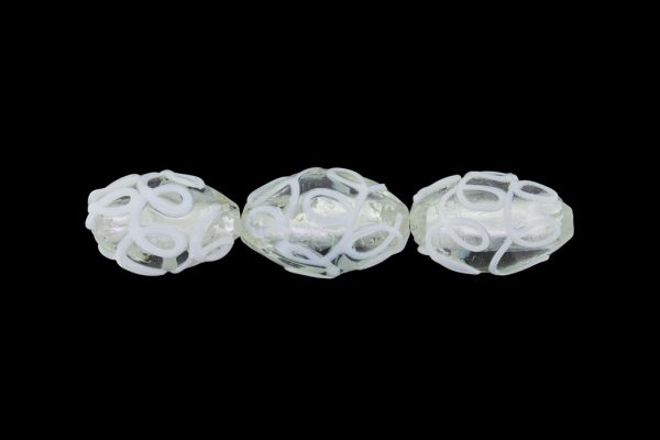 GLASS BEADS - MURANO STYLE - ELLIPSE WITH SILVER FILLING - RELIEF - 24х16mm WHITE AND WHITE - 12pcs. Hole:1.5mm