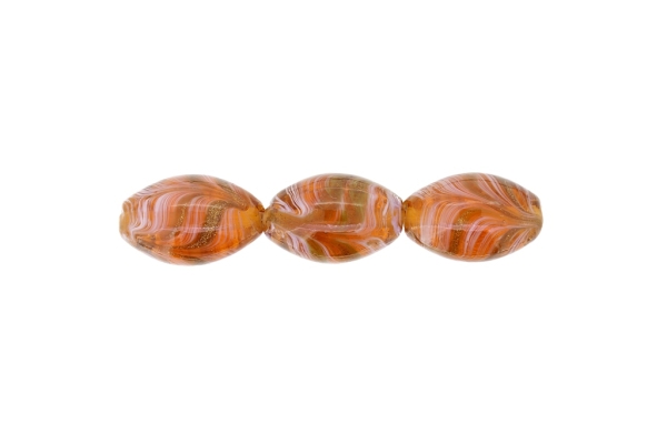 GLASS BEADS - MURANO STYLE - ELLIPSE WITH STRIPES - TRANSPARENT - 24х16mm BROWN-WHITE-GOLD - 12pcs. Hole:1.5mm