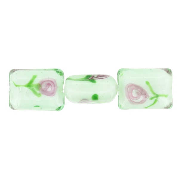 GLASS BEADS - MURANO STYLE - RECTANGULAR WITH WHITE FILLING AND FLOWERS - 20х16х11mm RESEDA-GREEN-ROSE DUST - 15pcs. Hole:1.5mm