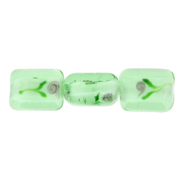 GLASS BEADS - MURANO STYLE - RECTANGULAR WITH WHITE FILLING AND FLOWERS - 20х16х11mm GREEN 02-GREEN-ROSE DUST - 15pcs. Hole:1.5mm