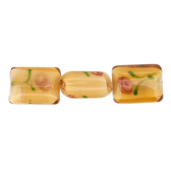 GLASS BEADS - MURANO STYLE - RECTANGULAR WITH WHITE FILLING AND FLOWERS - 20х16х11mm AMBER-GREEN-ROSE DUST - 15pcs. Hole:1.5mm