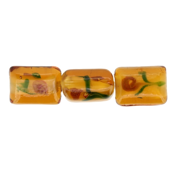 GLASS BEADS - MURANO STYLE - RECTANGULAR WITH WHITE FILLING AND FLOWERS - 20х16х11mm AMBER (DARK)-GREEN-ROSE DUST - 15pcs. Hole:1.5mm