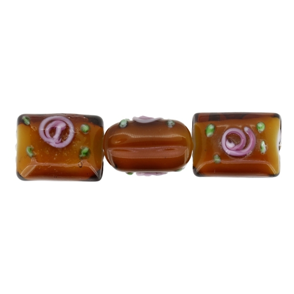 GLASS BEADS - MURANO STYLE - RECTANGULAR WITH WHITE FILLING AND COLORFUL RELIEF - 20х16х13mm BROWN-GREEN-PINK - 15pcs. Hole:1.5mm