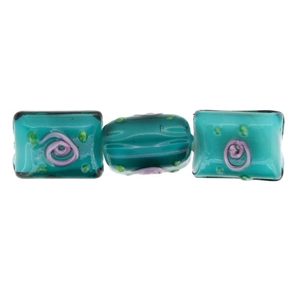 GLASS BEADS - MURANO STYLE - RECTANGULAR WITH WHITE FILLING AND COLORFUL RELIEF - 20х16х13mm TURQUOISE (DARK)-GREEN-PINK - 15pcs. Hole:1.5mm