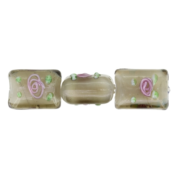 GLASS BEADS - MURANO STYLE - RECTANGULAR WITH WHITE FILLING AND COLORFUL RELIEF - 20х16х13mm GRAY-GREEN-PINK - 15pcs. Hole:1.5mm