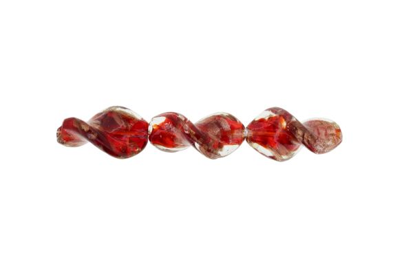 GLASS BEADS - MURANO STYLE - ELLIPSE WAVE WITH SPOTS - TRANSPARENT - 28х18mm WHITE-RED-COPPER - 15pcs. Hole:1.5mm
