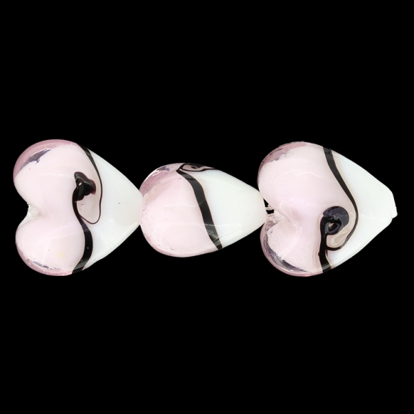 GLASS BEADS - MURANO STYLE - HEART 01 - OPAQUE WITH TRANSPARENT - 20х20х13mm WHITE-PINK (LIGHT)-BLACK - 15pcs. Hole:1.5mm