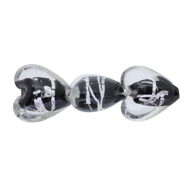 GLASS BEADS - MURANO STYLE - HEART 03 WITH BLACK FILLING AND SILVER THREADS - 15х15х10mm WHITE-BLACK-SILVER - 30pcs. Hole:1.5mm