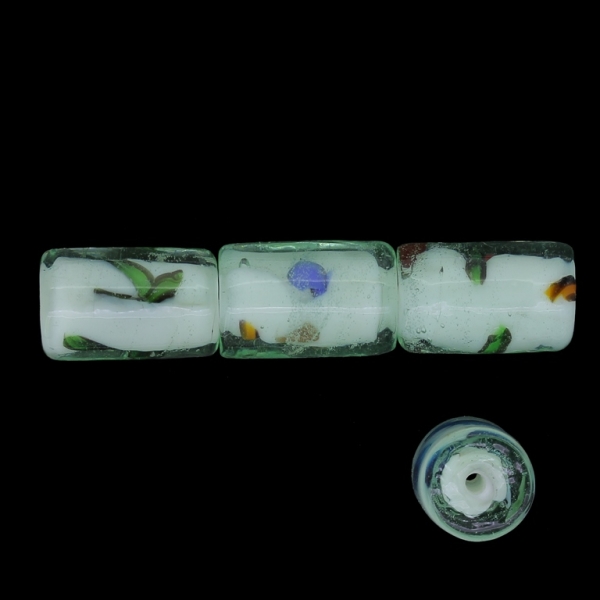 GLASS BEADS - MURANO STYLE - CYLINDER WITH WHITE FILLING AND SPOTS - 18х12mm RESEDA AND COLORFUL - 15pcs. Hole:1.5mm