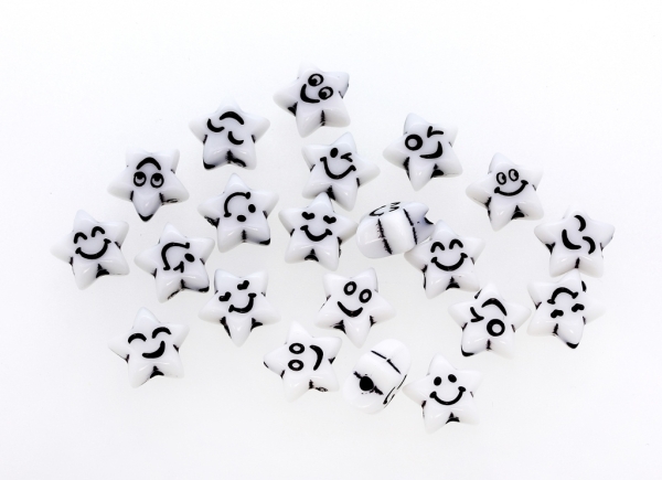 ACRYLIC BEADS - SMILEY FACE - STAR - 11x6mm WHITE WITH BLACK - PACKAGE 500g Hole-2.0mm (1400pcs.)