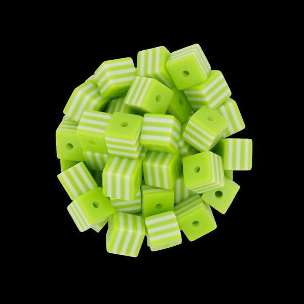 RESIN PLASTIC BEADS - CUBE RESIN STRIPE BEADS - 8х8mm GREEN (LIGHT) WITH WHITE - 500 pcs. Hole-2.0mm