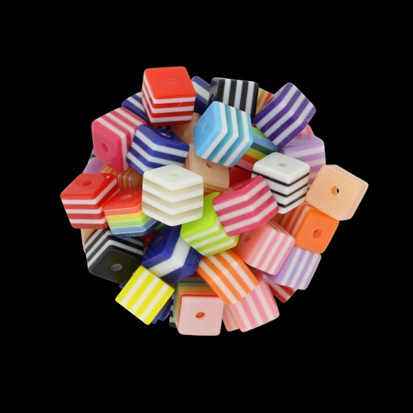 RESIN PLASTIC BEADS - CUBE RESIN STRIPE BEADS - 8х8mm MIX - 500 pcs. Hole-2.0mm