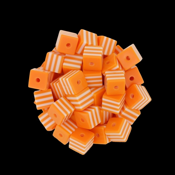 RESIN PLASTIC BEADS - CUBE RESIN STRIPE BEADS - 8х8mm ORANGE (LIGHT) WITH WHITE - 500 pcs. Hole-2.0mm