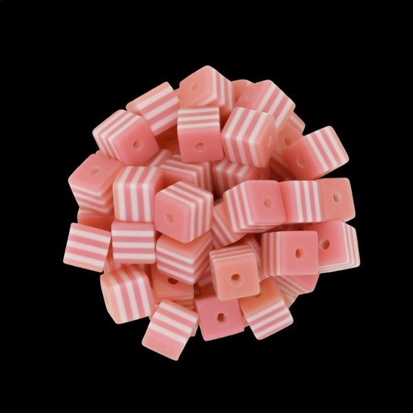 RESIN PLASTIC BEADS - CUBE RESIN STRIPE BEADS - 8х8mm PEACH WITH WHITE - 500 pcs. Hole-2.0mm