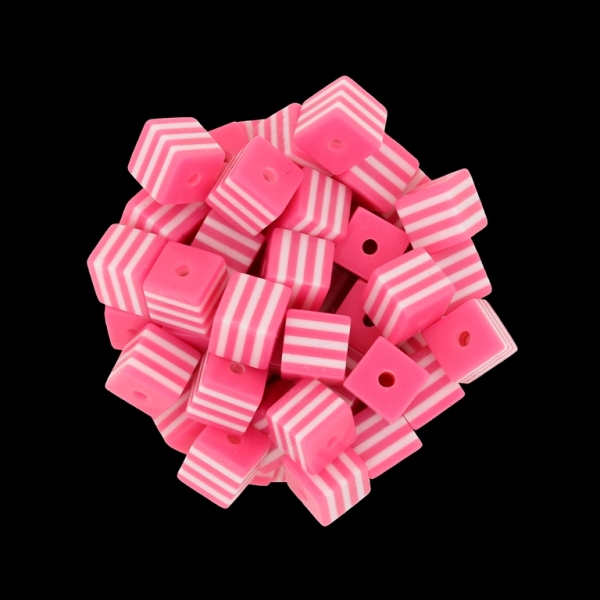 RESIN PLASTIC BEADS - CUBE RESIN STRIPE BEADS - 8х8mm PINK (DARK) WITH WHITE - 500 pcs. Hole-2.0mm