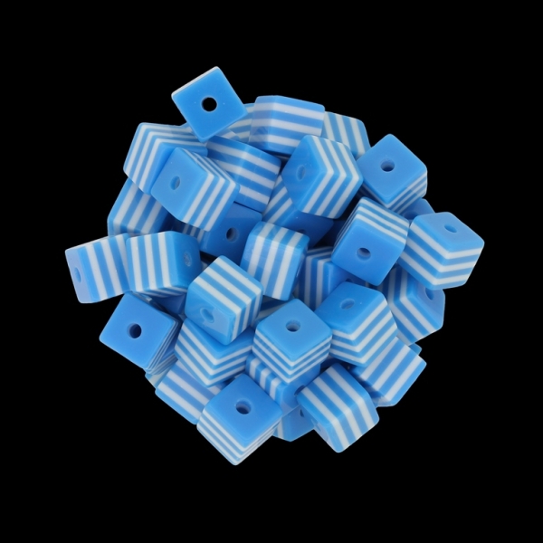 RESIN PLASTIC BEADS - CUBE RESIN STRIPE BEADS - 8х8mm BLUE 02 WITH WHITE - 500 pcs. Hole-2.0mm