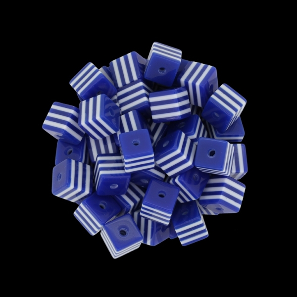 RESIN PLASTIC BEADS - CUBE RESIN STRIPE BEADS - 8х8mm BLUE (DARK) WITH WHITE - 500 pcs. Hole-2.0mm