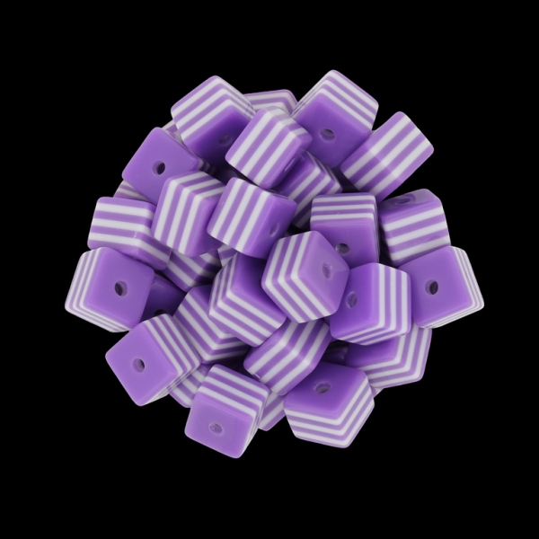 RESIN PLASTIC BEADS - CUBE RESIN STRIPE BEADS - 10х10mm PURPLE 02 WITH WHITE - 500 pcs. Hole-2.0mm