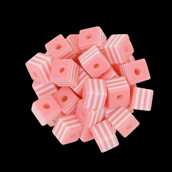 RESIN PLASTIC BEADS - CUBE RESIN STRIPE BEADS - 10х10mm PEACH WITH WHITE - 500 pcs. Hole-3.5mm