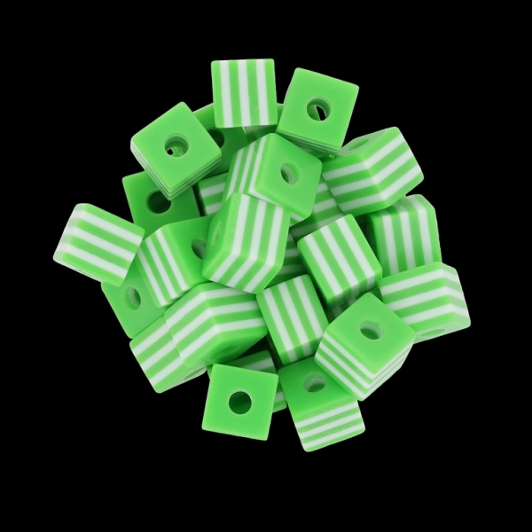 RESIN PLASTIC BEADS - CUBE RESIN STRIPE BEADS - 10х10mm GREEN WITH WHITE - 500 pcs. Hole-4.0mm