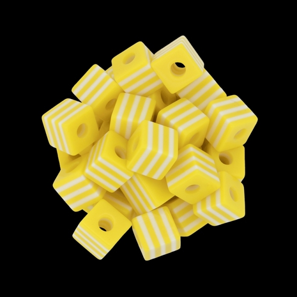 RESIN PLASTIC BEADS - CUBE RESIN STRIPE BEADS - 10х10mm YELLOW WITH WHITE - 500 pcs. Hole-4.0mm