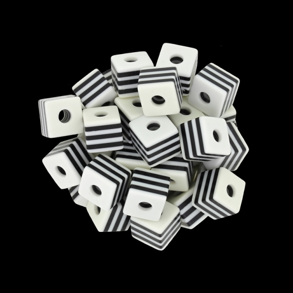 RESIN PLASTIC BEADS - CUBE RESIN STRIPE BEADS - 10х10mm WHITE WITH BLACK - 500 pcs. Hole-4.0mm