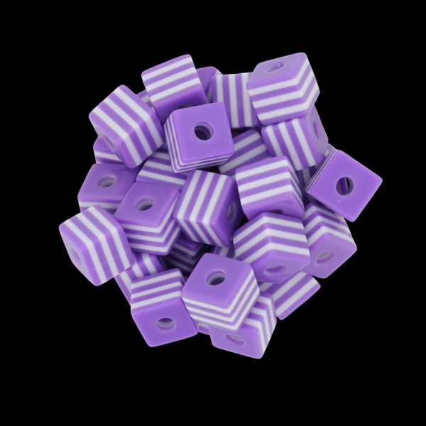 RESIN PLASTIC BEADS - CUBE RESIN STRIPE BEADS - 10х10mm PURPLE 02 WITH WHITE - 500 pcs. Hole-4.0mm