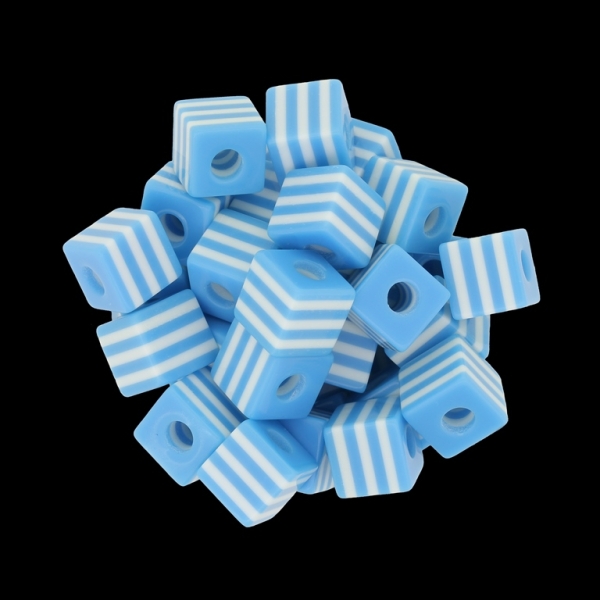 RESIN PLASTIC BEADS - CUBE RESIN STRIPE BEADS - 10х10mm BLUE WITH WHITE - 500 pcs. Hole-4.0mm