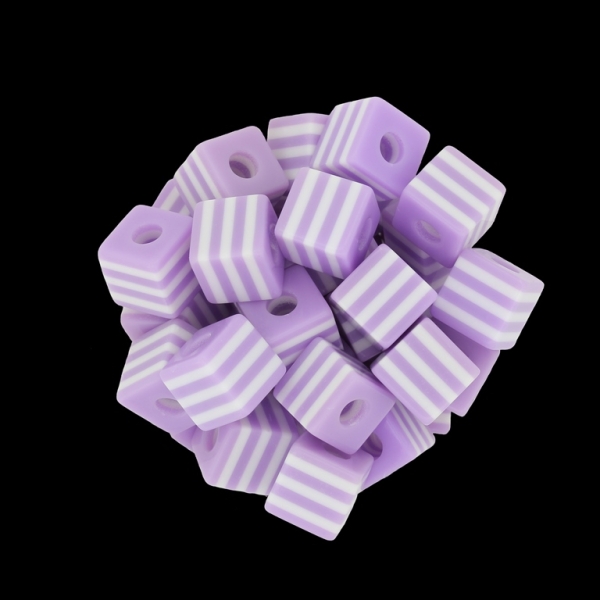 RESIN PLASTIC BEADS - CUBE RESIN STRIPE BEADS - 10х10mm PURPLE (LIGHT) WITH WHITE - 500 pcs. Hole-4.0mm