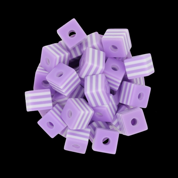 RESIN PLASTIC BEADS - CUBE RESIN STRIPE BEADS - 10х10mm PURPLE (LIGHT) 02 WITH WHITE - 500 pcs. Hole-4.0mm