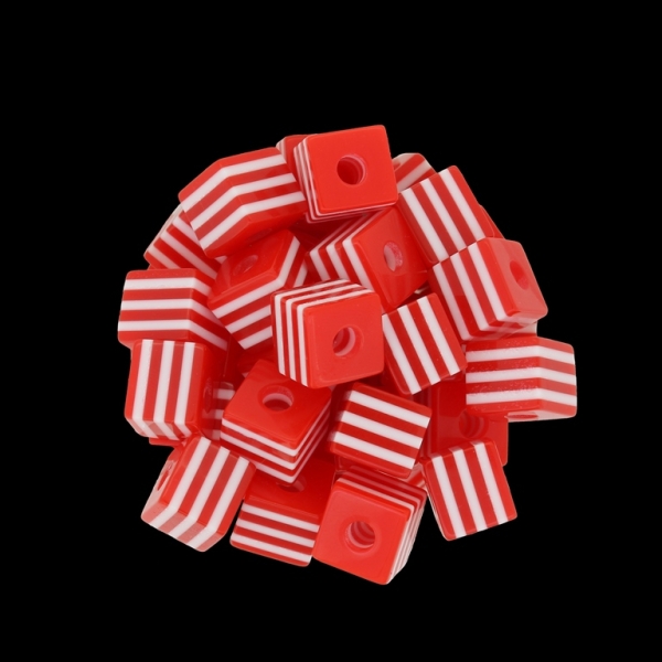 RESIN PLASTIC BEADS - CUBE RESIN STRIPE BEADS - 10х10mm RED WITH WHITE - 500 pcs. Hole-4.0mm