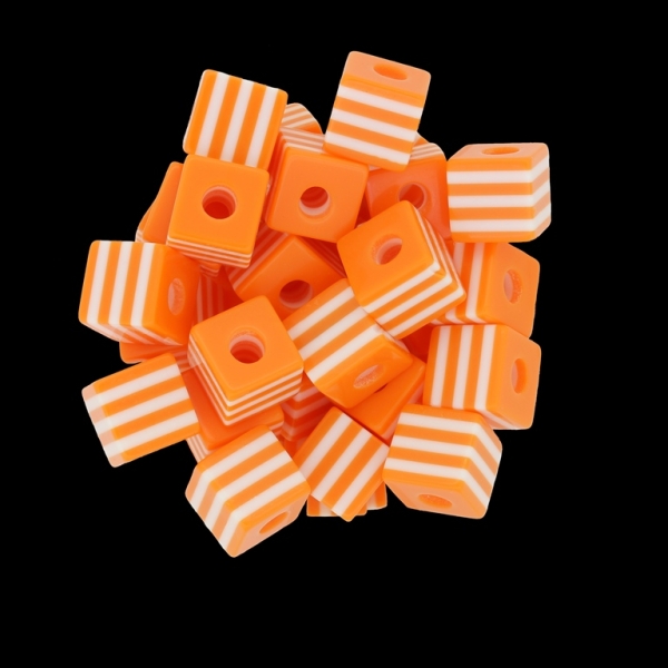 RESIN PLASTIC BEADS - CUBE RESIN STRIPE BEADS - 10х10mm ORANGE (LIGHT) WITH WHITE - 500 pcs. Hole-4.0mm