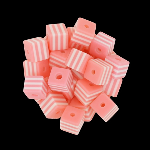 RESIN PLASTIC BEADS - CUBE RESIN STRIPE BEADS - 10х10mm PEACH WITH WHITE - 500 pcs. Hole-4.0mm