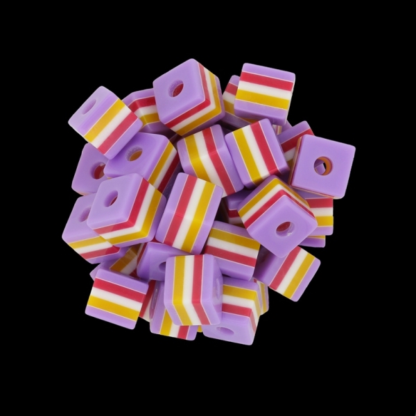 RESIN PLASTIC BEADS - CUBE RESIN STRIPE BEADS - 10х10mm PURPLE WITH RED-WHITE-ORANGE - 25 pcs. Hole-3.5mm