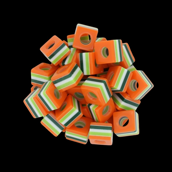 RESIN PLASTIC BEADS - CUBE RESIN STRIPE BEADS - 10х10mm ORANGE WITH GREEN (DARK)-WHITE-GREEN - 500 pcs. Hole-3.5mm