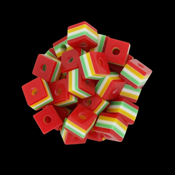 RESIN PLASTIC BEADS - CUBE RESIN STRIPE BEADS - 10х10mm RED WITH GREEN-WHITE-YELLOW - 500 pcs. Hole-3.5mm