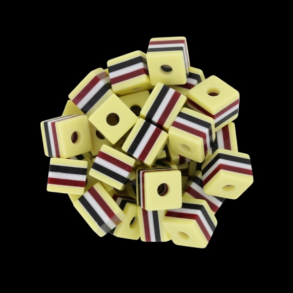 RESIN PLASTIC BEADS - CUBE RESIN STRIPE BEADS - 10х10mm YELLOW WITH BORDEAUX-WHITE-BLACK - 500 pcs. Hole-3.5mm