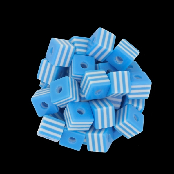 RESIN PLASTIC BEADS - CUBE RESIN STRIPE BEADS - 10х10mm BLUE 02 WITH WHITE - 500 pcs. Hole-3.5mm