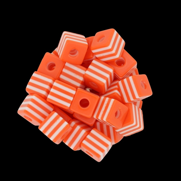 RESIN PLASTIC BEADS - CUBE RESIN STRIPE BEADS - 10х10mm ORANGE WITH WHITE - 500 pcs. Hole-4.0mm