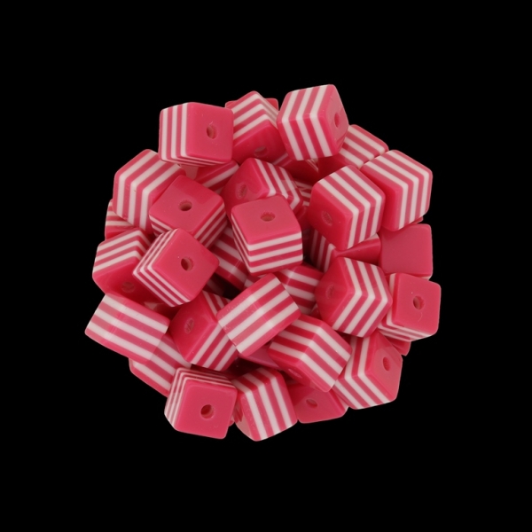 RESIN PLASTIC BEADS - CUBE RESIN STRIPE BEADS - 8х8mm CORAL PINK (DARK) WITH WHITE - 500 pcs. Hole-2.0mm