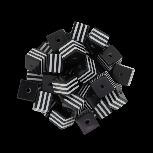 RESIN PLASTIC BEADS - CUBE RESIN STRIPE BEADS - 10х10mm BLACK WITH WHITE - 500 pcs. Hole-2.0mm