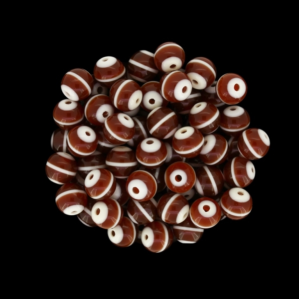 RESIN PLASTIC BEADS - BALL RESIN STRIPE BEADS - 8mm WHITE WITH BROWN STRIPE - 50 pcs. Hole-1.5mm