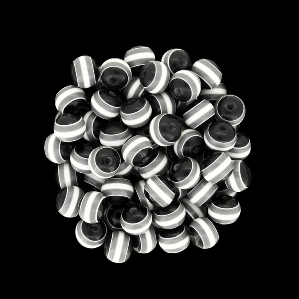 RESIN PLASTIC BEADS - BALL RESIN STRIPE BEADS - 8mm BLACK WITH WHITE AND GRAY STRIPE - 1000pcs. Hole-1.5mm