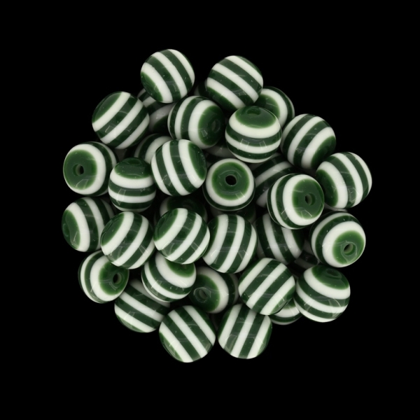 RESIN PLASTIC BEADS - BALL RESIN STRIPE BEADS - 10mm GREEN (DARK) WITH WHITE - 25 pcs. Hole-2.0mm