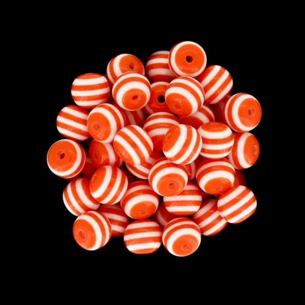 RESIN PLASTIC BEADS - BALL RESIN STRIPE BEADS - 10mm ORANGE (DARK) WITH WHITE - 1000pcs. Hole-2.0mm