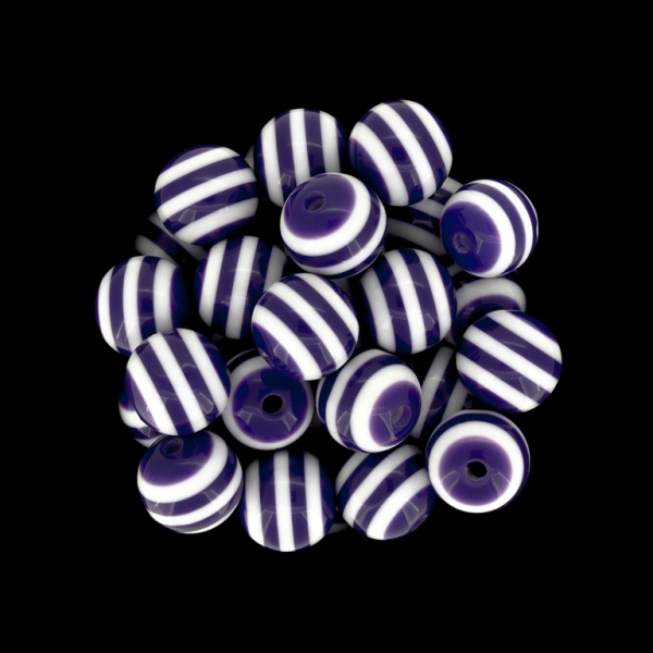 RESIN PLASTIC BEADS - BALL RESIN STRIPE BEADS - 12mm PURPLE (DARK) WITH WHITE - 25 pcs. Hole-2.0mm