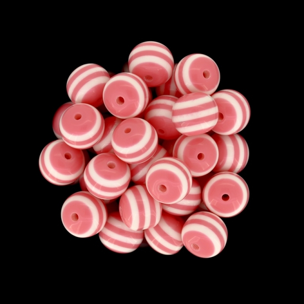 RESIN PLASTIC BEADS - BALL RESIN STRIPE BEADS - 12mm PEACH (DARK) WITH WHITE - 25 pcs. Hole-2.0mm