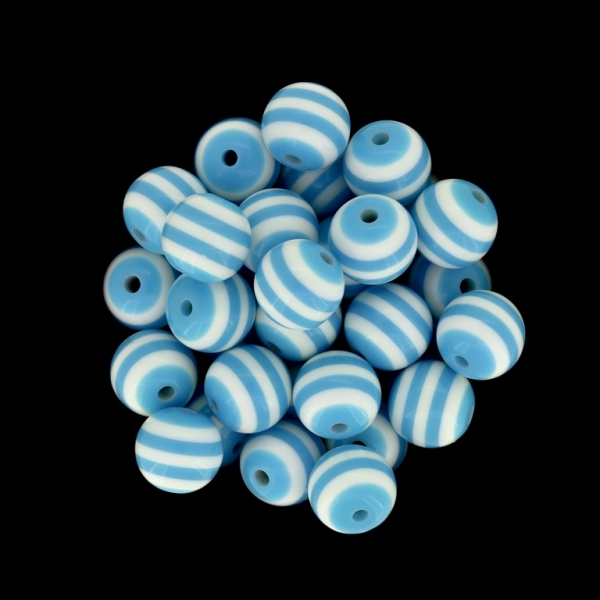 RESIN PLASTIC BEADS - BALL RESIN STRIPE BEADS - 12mm BLUE (LIGHT) WITH WHITE - 25 pcs. Hole-2.0mm