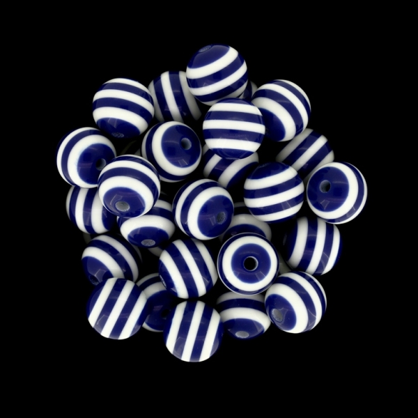 RESIN PLASTIC BEADS - BALL RESIN STRIPE BEADS - 12mm BLUE (DARK) WITH WHITE - 25 pcs. Hole-2.0mm